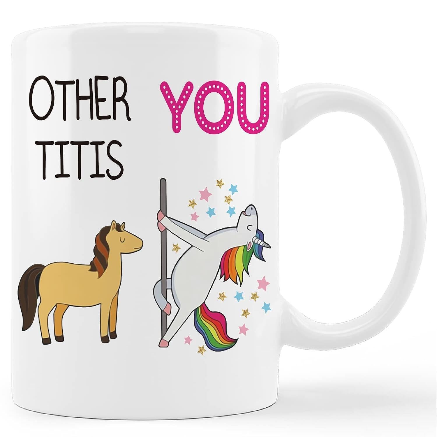 Tailorly White Ceramic 11 oz Mug - Other Titis You Whimsical Rainbow Pole Dancing Mythical Creature Beside A Simple Standing Brown Horse Unicorn