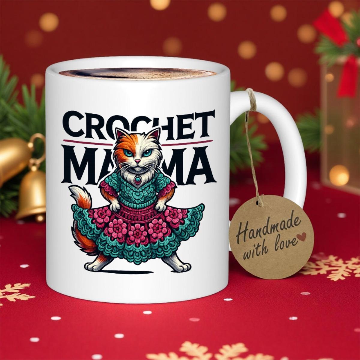 Tailorly White Ceramic 11 oz Mug - Crochet Mama Detailed Calico Cat Wearing A Vibrant Handcrafted Flower Pattern Dress Cat