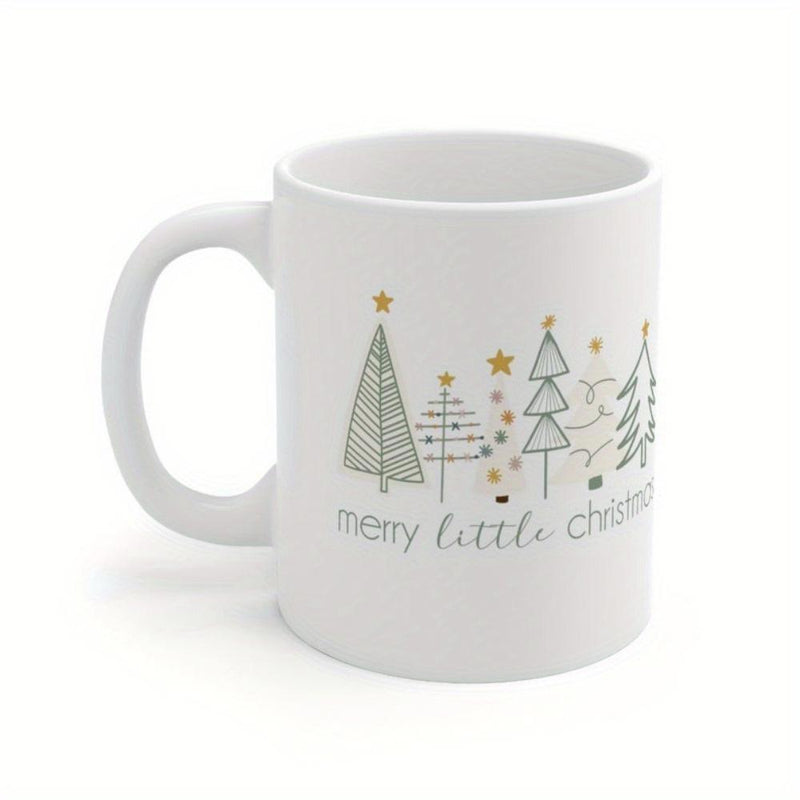 Tailorly White Ceramic 11 oz Mug - Merry Little Christmas Minimalist Geometric Hand Drawn Forest Trees With Golden Stars On Top Christmas Tree