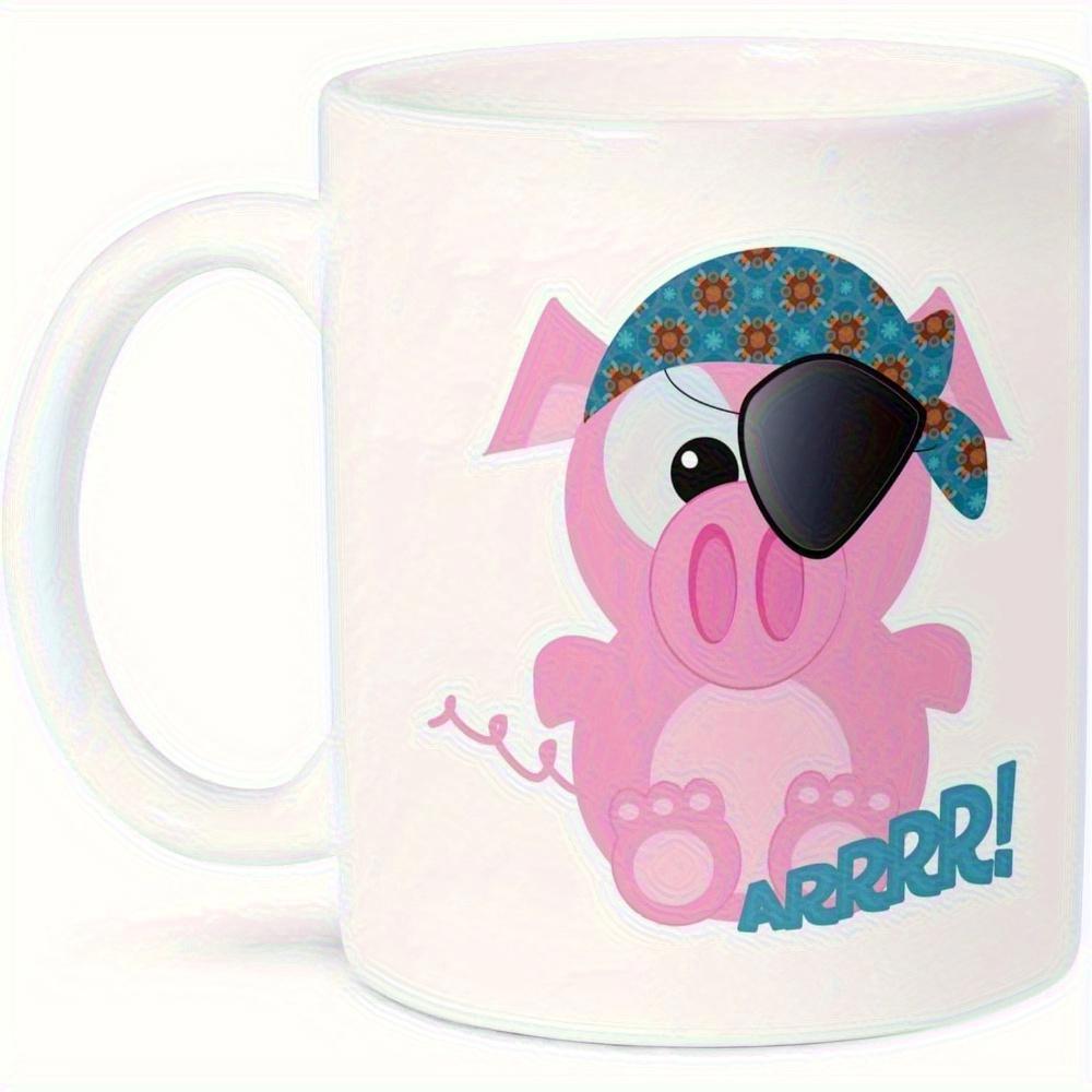 Tailorly White Ceramic 11 oz Mug - Arrrr Cute Pink Cartoon Pirate With Patterned Bandana And Eye Patch Sitting Pig