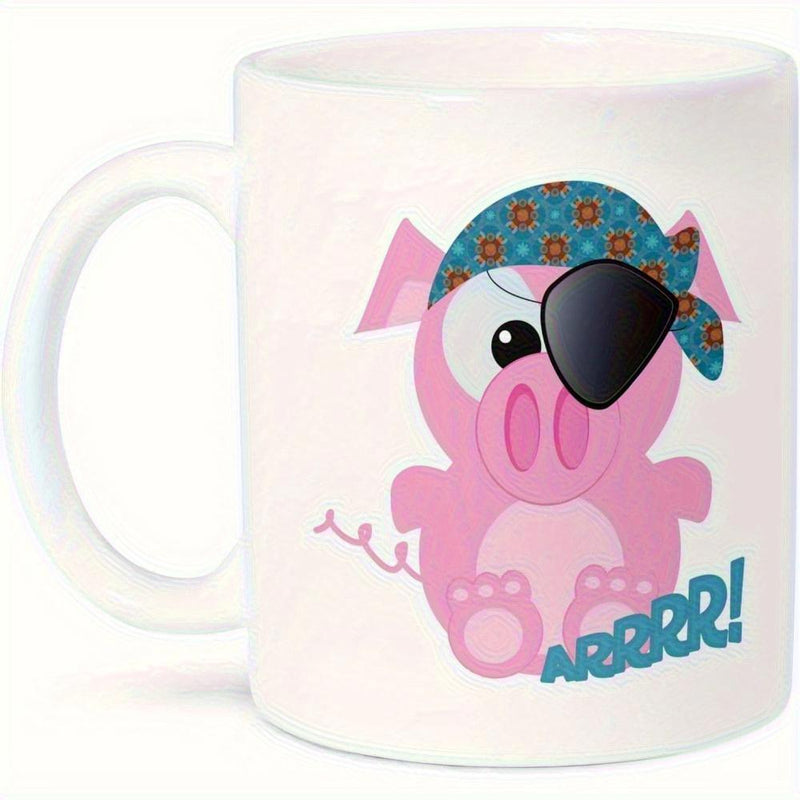 Tailorly White Ceramic 11 oz Mug - Arrrr Cute Pink Cartoon Pirate With Patterned Bandana And Eye Patch Sitting Pig