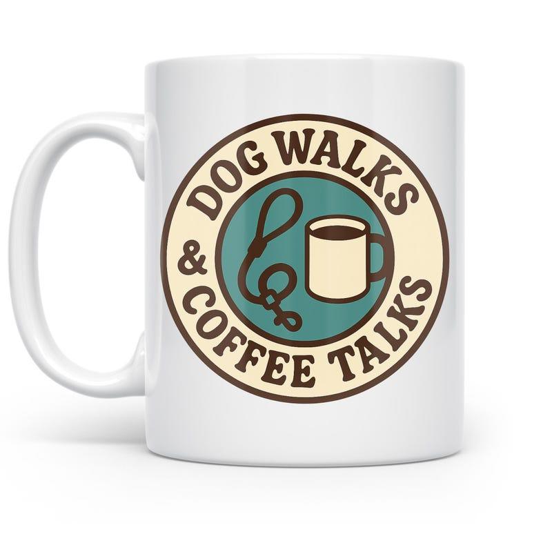 Tailorly White Ceramic 11 oz Mug - Dog Walks Coffee Talks Vintage Circular Badge Featuring A Dog Leash And Steaming Mug