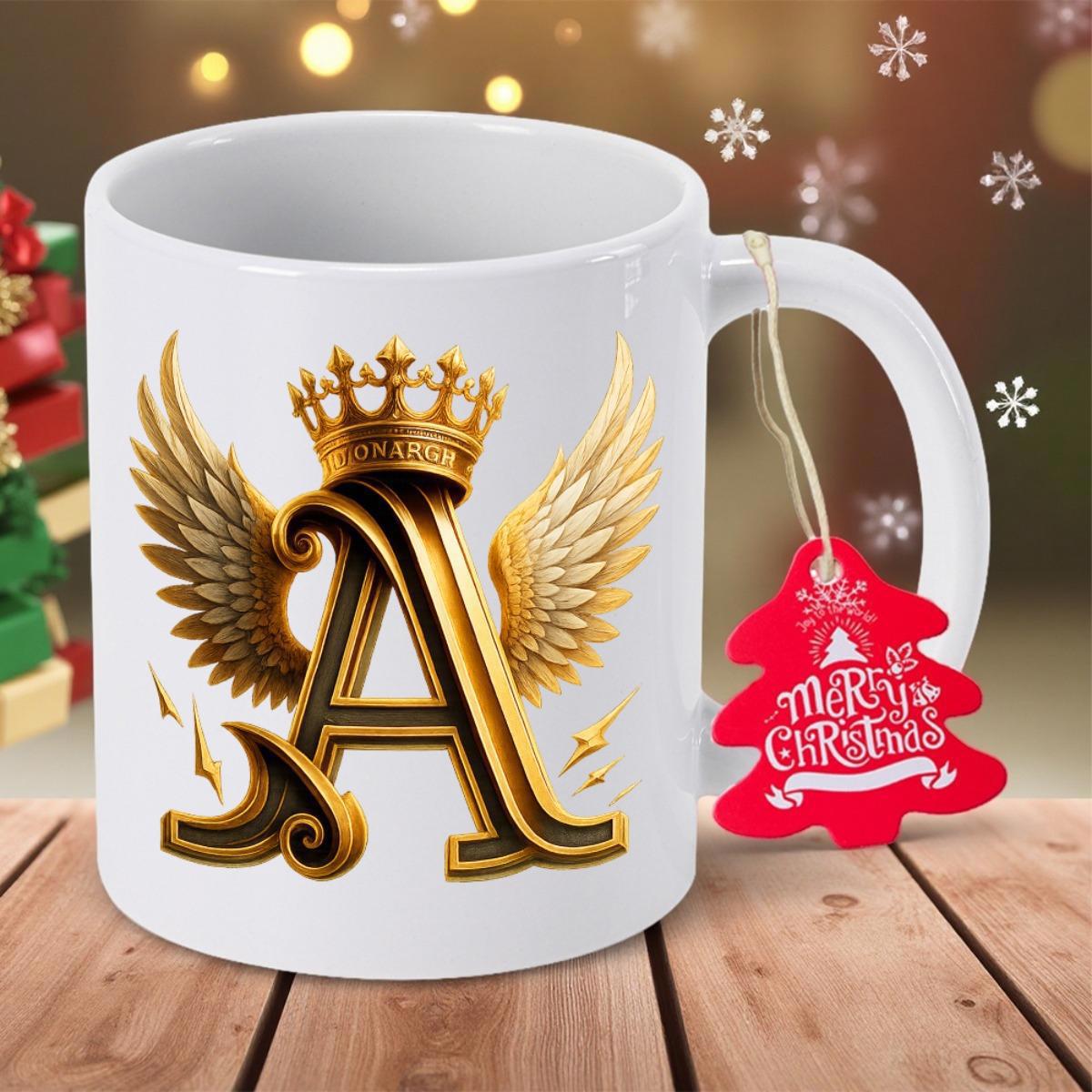 Tailorly White Ceramic 11 oz Mug - Merry Christmas Golden Heraldic Design Featuring Feathery Wings And Crown Letter A
