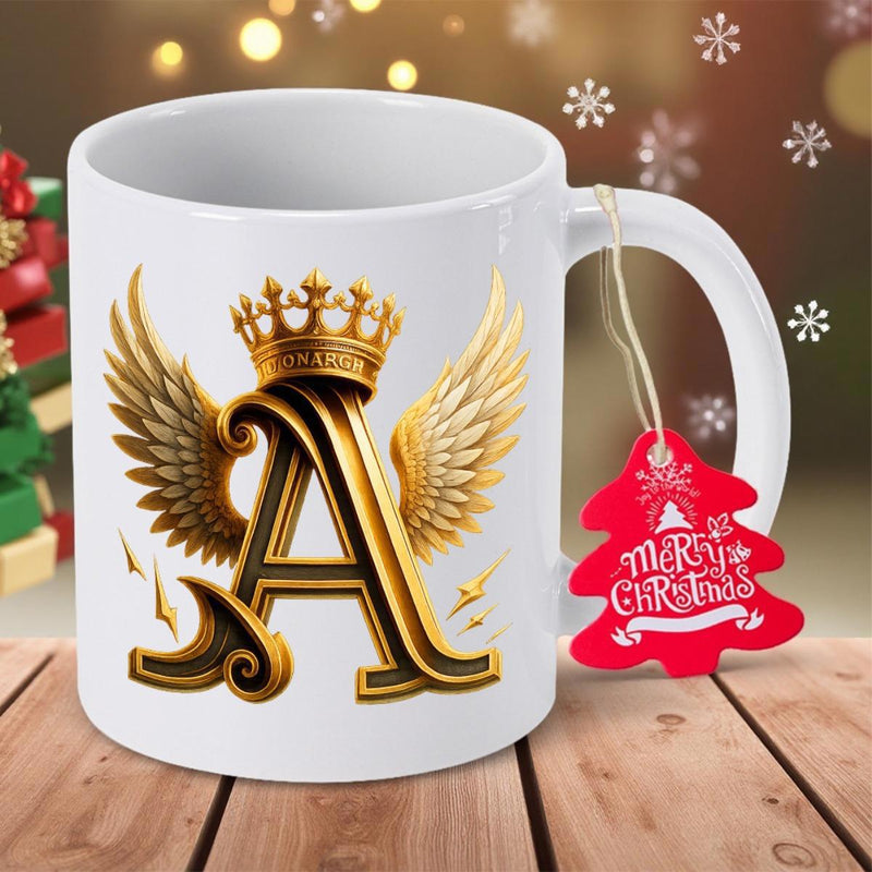 Tailorly White Ceramic 11 oz Mug - Merry Christmas Golden Heraldic Design Featuring Feathery Wings And Crown Letter A
