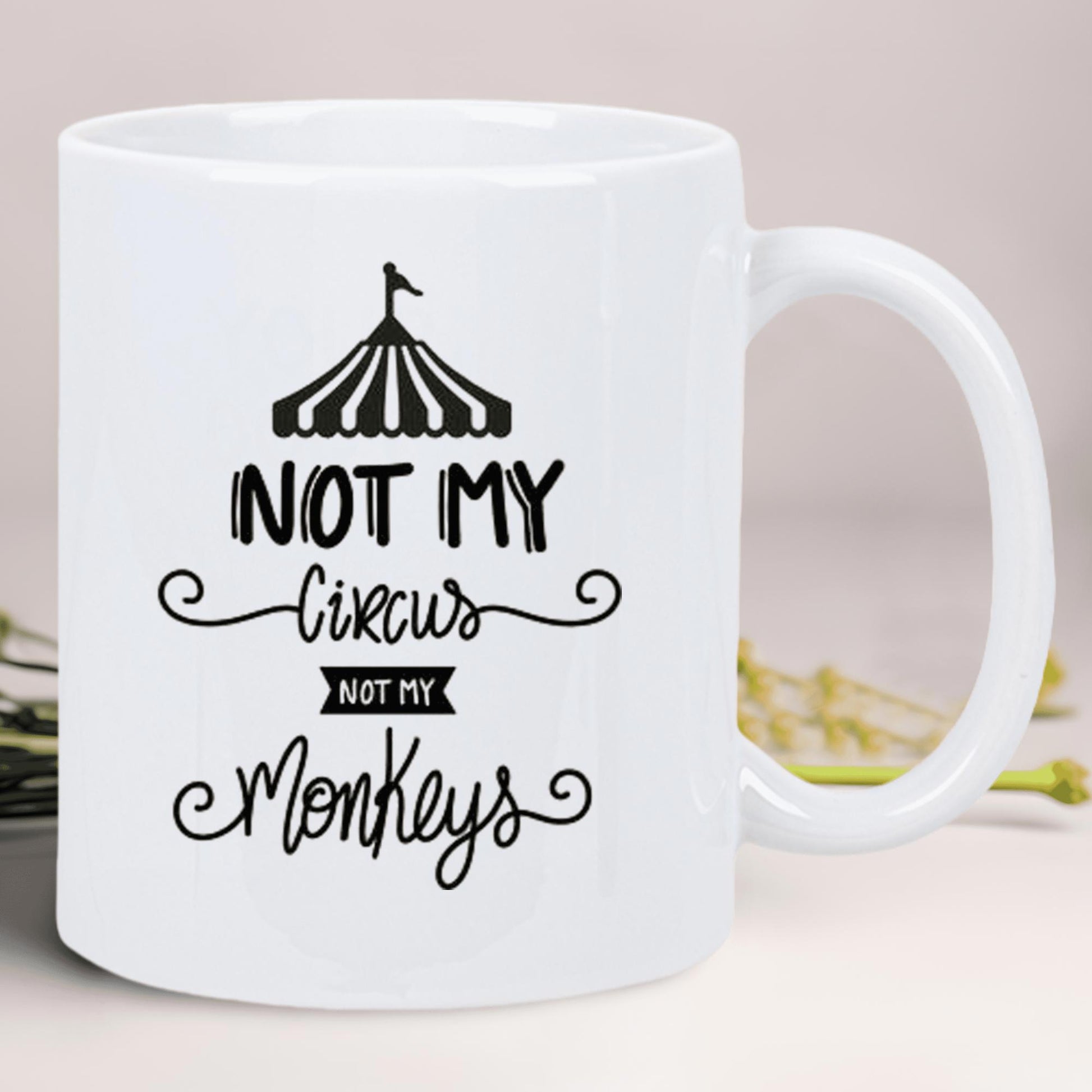Tailorly White Ceramic 11 oz Mug - Not My Circus Not My Monkeys Minimalist Black Line Drawing Featuring Swirls Under A Traditional Striped Tent