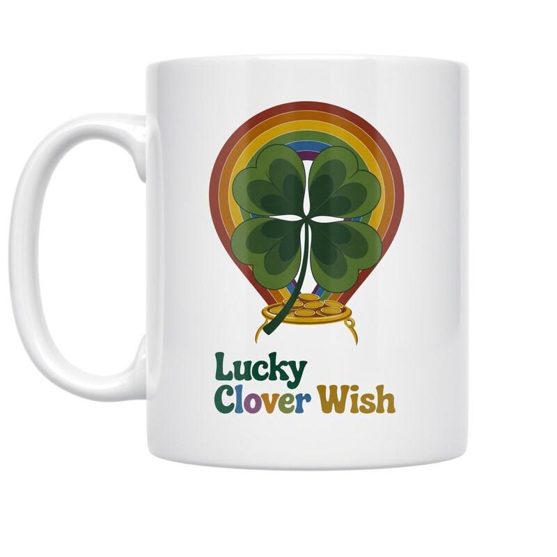 Tailorly White Ceramic 11 oz Mug - Lucky Clover Wish Vibrant Rainbow Arched Behind Four Leaf Plant Above Gold Clover