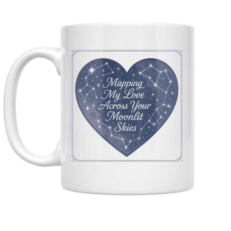 Tailorly White Ceramic 11 oz Mug - Mapping My Love Across Your Moonlit Skies Dark Blue Night Sky Pattern With Glimmering Stars Within A Heart