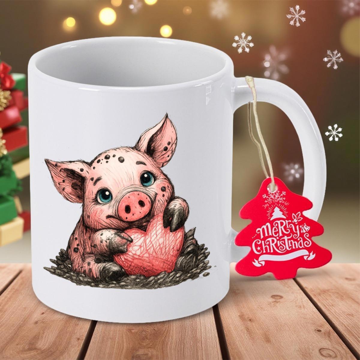 Tailorly White Ceramic 11 oz Mug - Merry Christmas Adorable Little Baby Piglet Holding A Pink Heart Pig