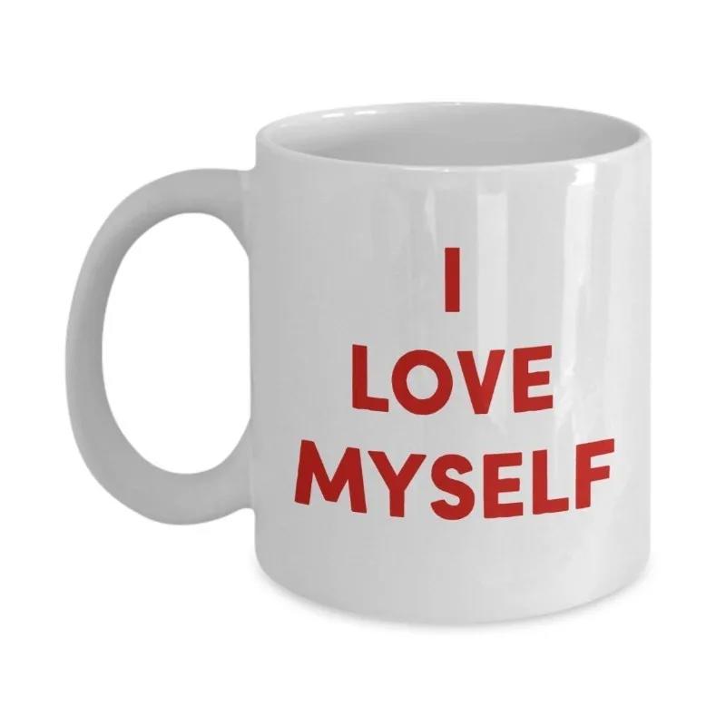 Tailorly White Ceramic 11 oz Mug - I Love Myself White Ceramic Material With Minimalist Red Bold Lettering Mug