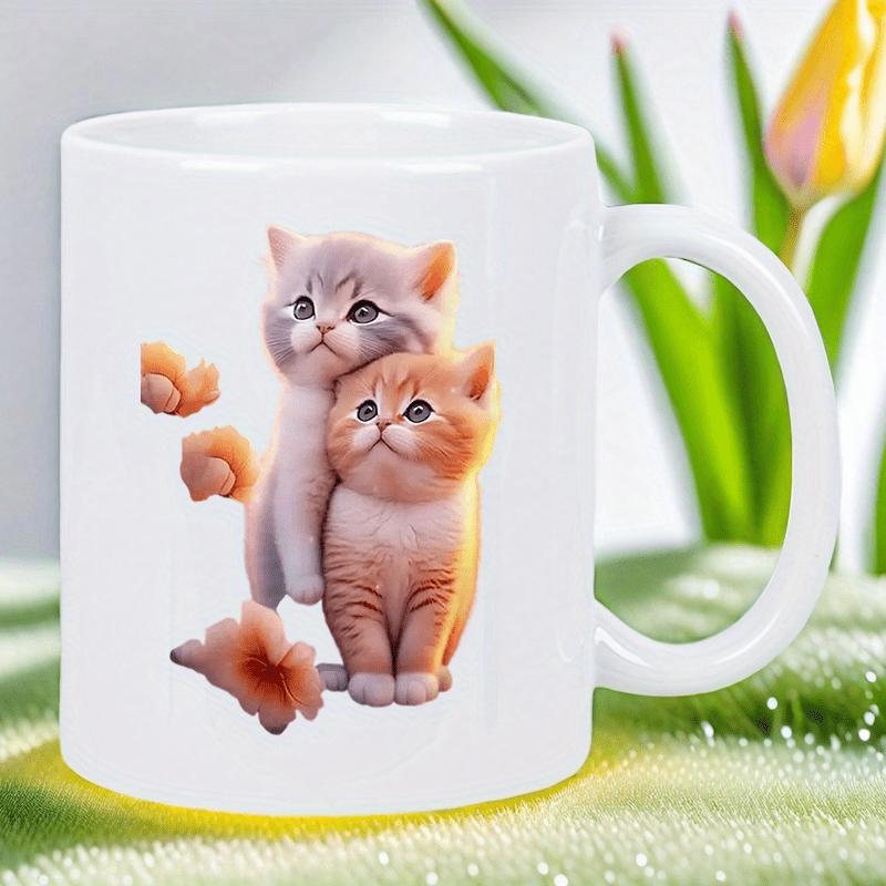 Tailorly White Ceramic 11 oz Mug - Adorable Pair Of Fluffy Kittens Sitting Among Delicate Soft Floating Blossoms Kitten