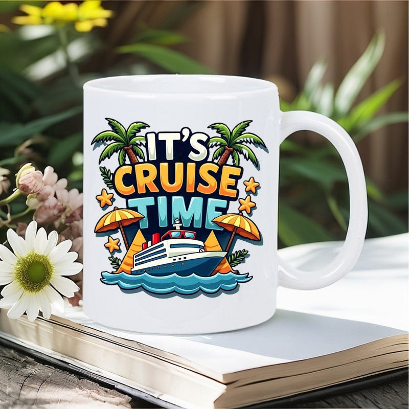 Tailorly White Ceramic 11 oz Mug - Its Cruise Time Tropical Palms With Summer Umbrellas Floating On Blue Ocean Waves Cruise Ship