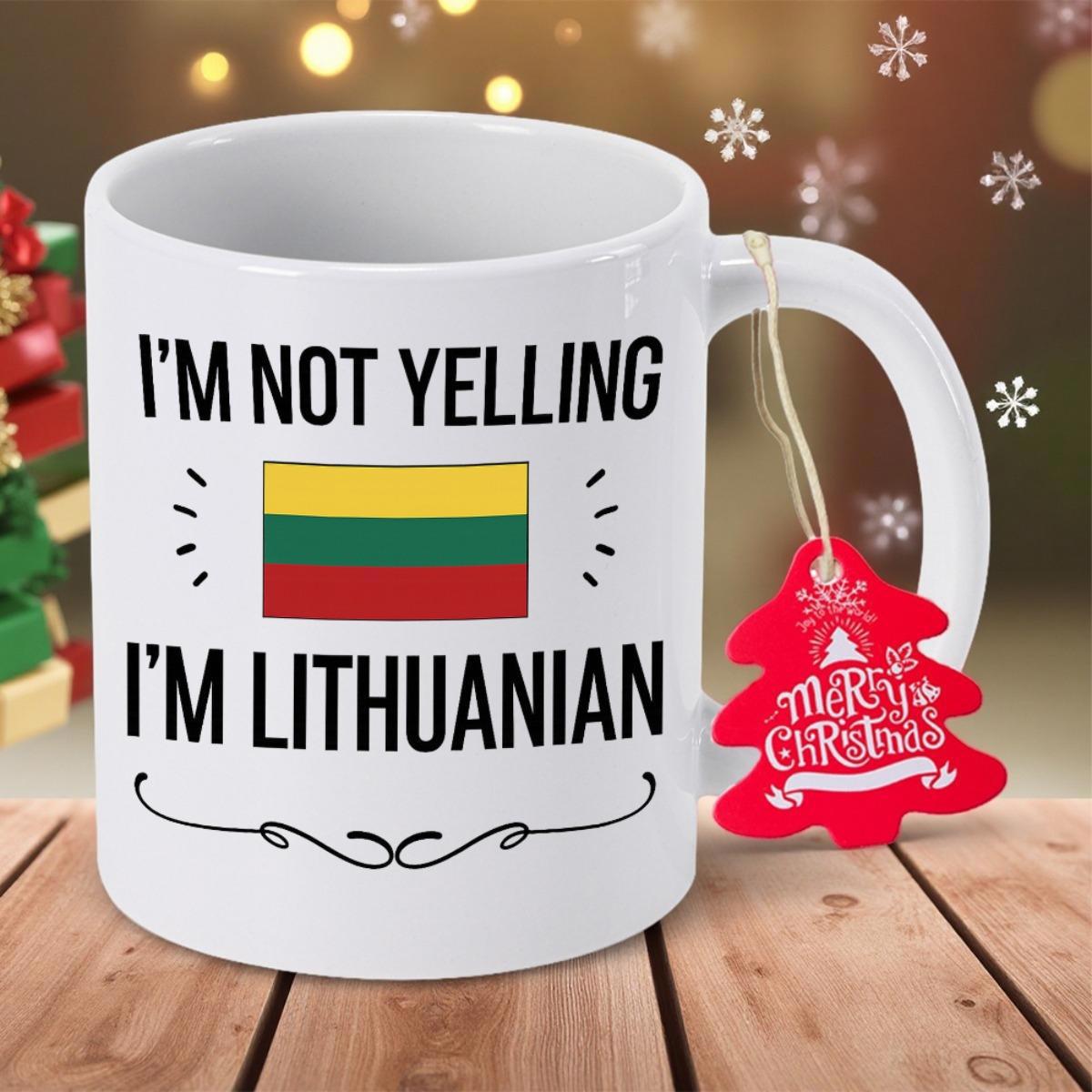 Tailorly White Ceramic 11 oz Mug - Im Not Yelling Im Lithuanian Horizontal Tricolor National Flag Flanked By Simple Symmetrical Emphasis Lines Mug