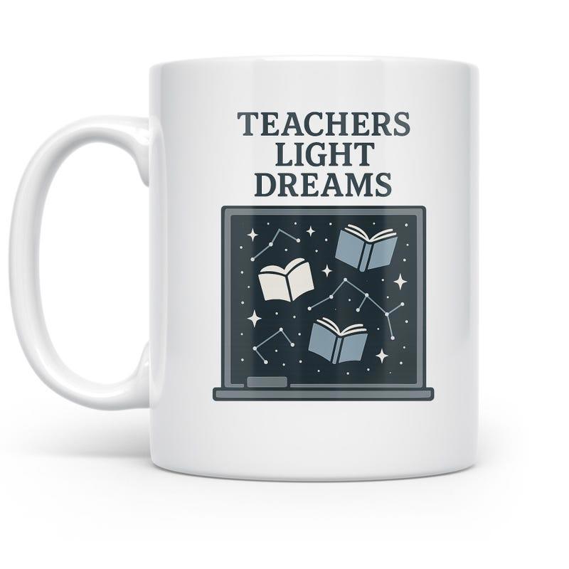 Tailorly White Ceramic 11 oz Mug - Teachers Light Dreams Floating Open Books Under Twinkling Stars And Constellations Within A Chalkboard