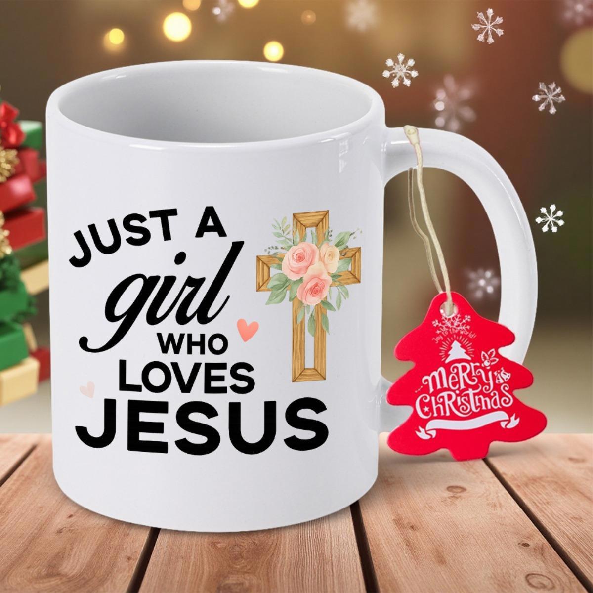 Tailorly White Ceramic 11 oz Mug - Just A Girl Who Loves Jesus Wooden Texture With Blooming Pink Roses And Delicate Hearts Pattern Cross