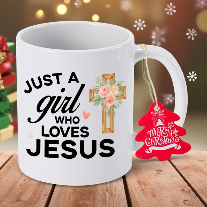 Tailorly White Ceramic 11 oz Mug - Just A Girl Who Loves Jesus Wooden Texture With Blooming Pink Roses And Delicate Hearts Pattern Cross