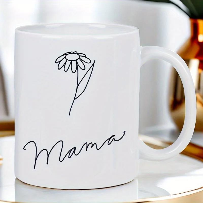 Tailorly White Ceramic 11 oz Mug - Mama Simple Black Line Art Drawing Of A Blooming Wild Daisy Flower