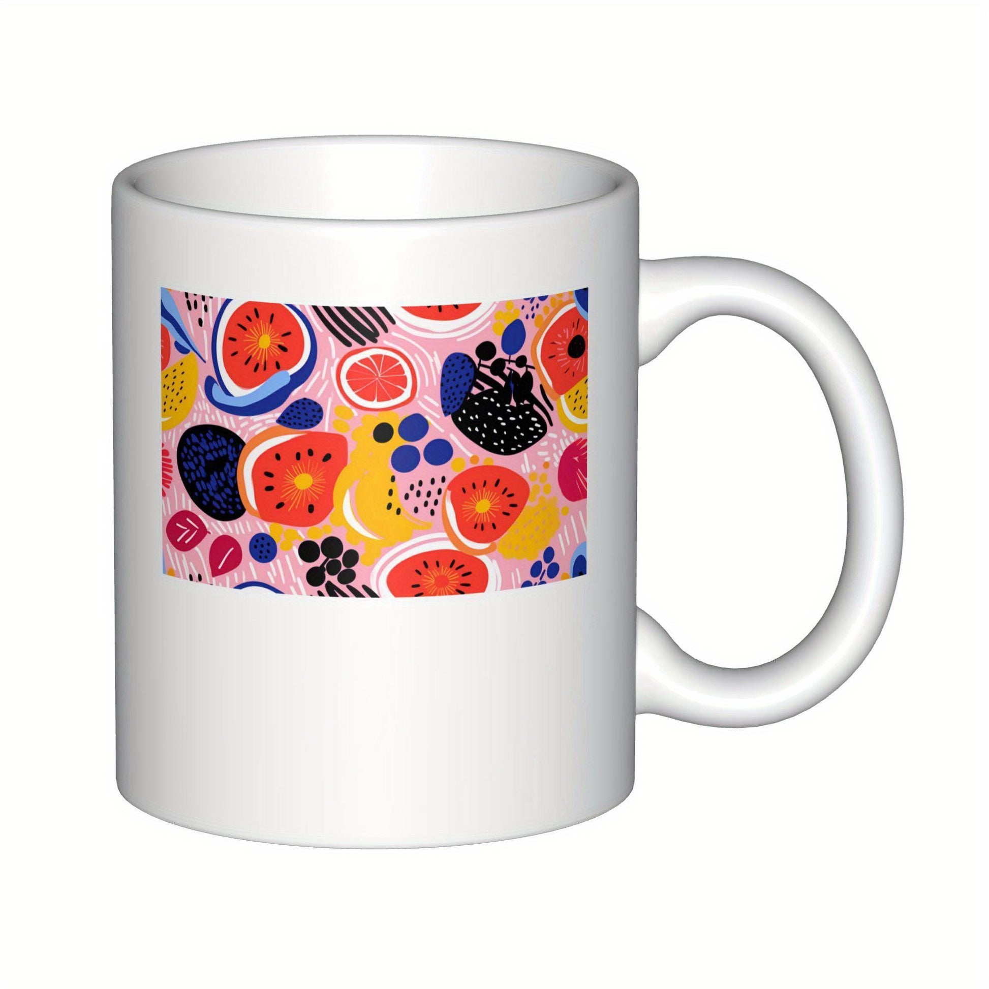 Tailorly White Ceramic 11 oz Mug - Vibrant Summer Fruits Among Colorful Abstract Shapes In A Modern Art Pattern
