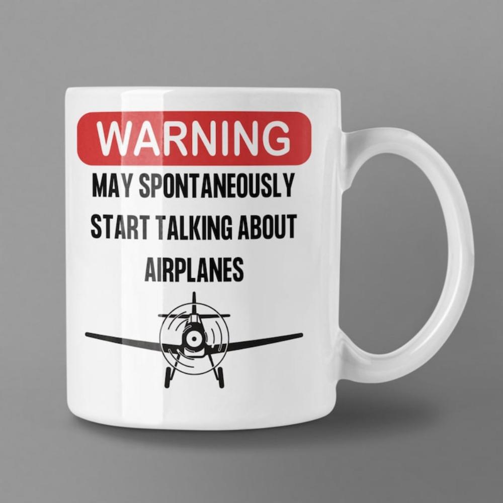 Tailorly White Ceramic 11 oz Mug - Warning May Spontaneously Start Talking About Airplanes Vintage Propeller Plane Front View Line Art Design With Rotating Blade