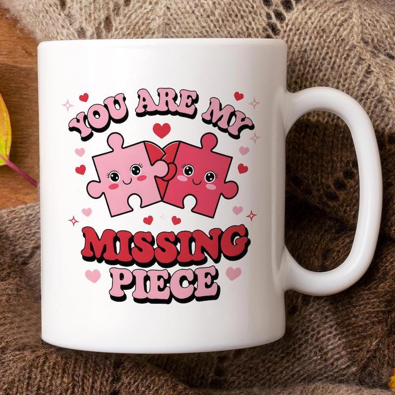Tailorly White Ceramic 11 oz Mug - You Are My Missing Piece Smiling Pink And Red Connecting Pieces With Small Hearts Puzzle