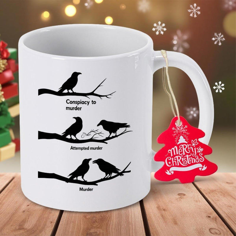 Tailorly White Ceramic 11 oz Mug - Conspiracy To Murder Attempted Murder Murder Silhouette Of Black Birds Perched Upon Dark Weathered Tree Branches Crow