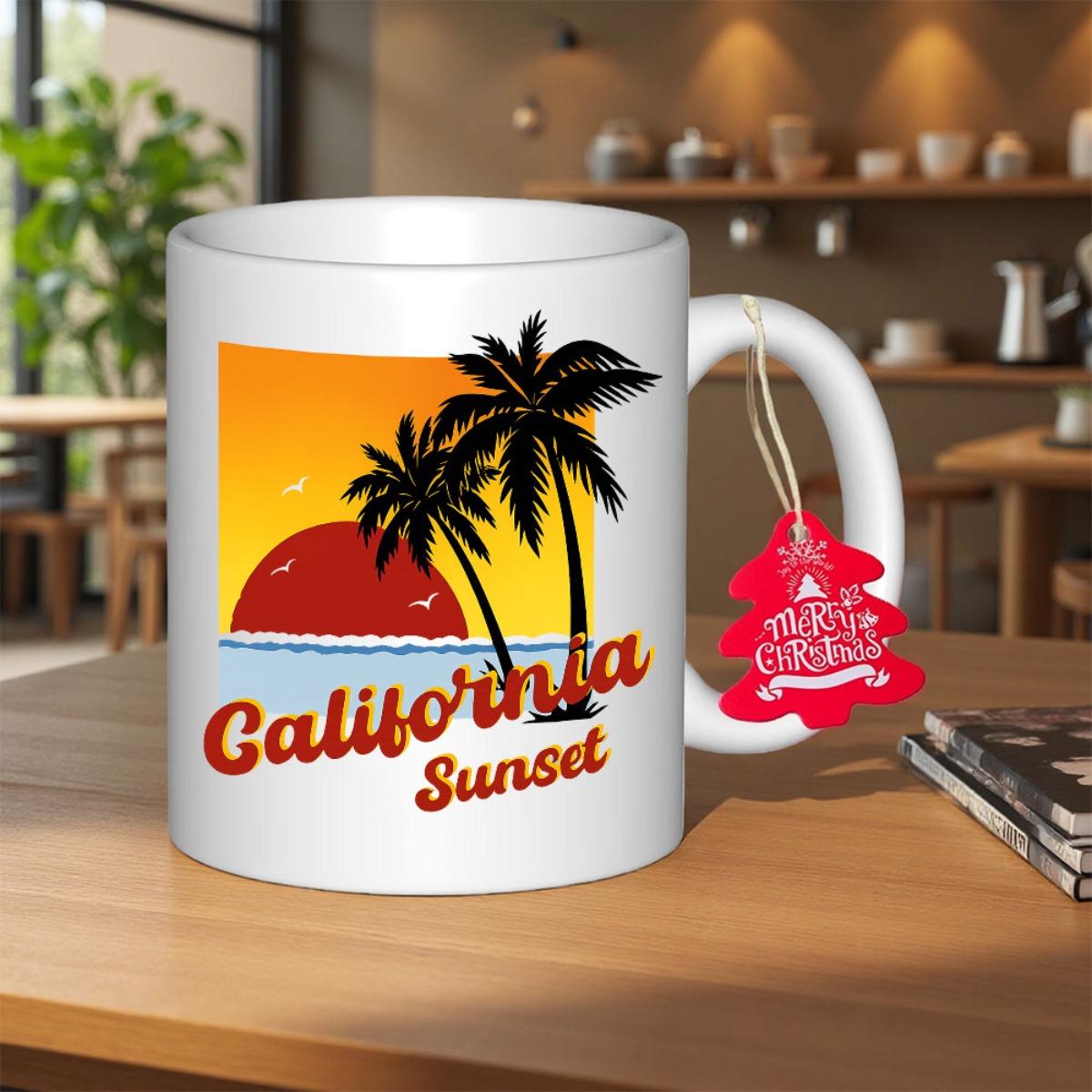 Tailorly White Ceramic 11 oz Mug - California Sunset Retro Summer Evening Glow Casting Over Tropical Palm Tree