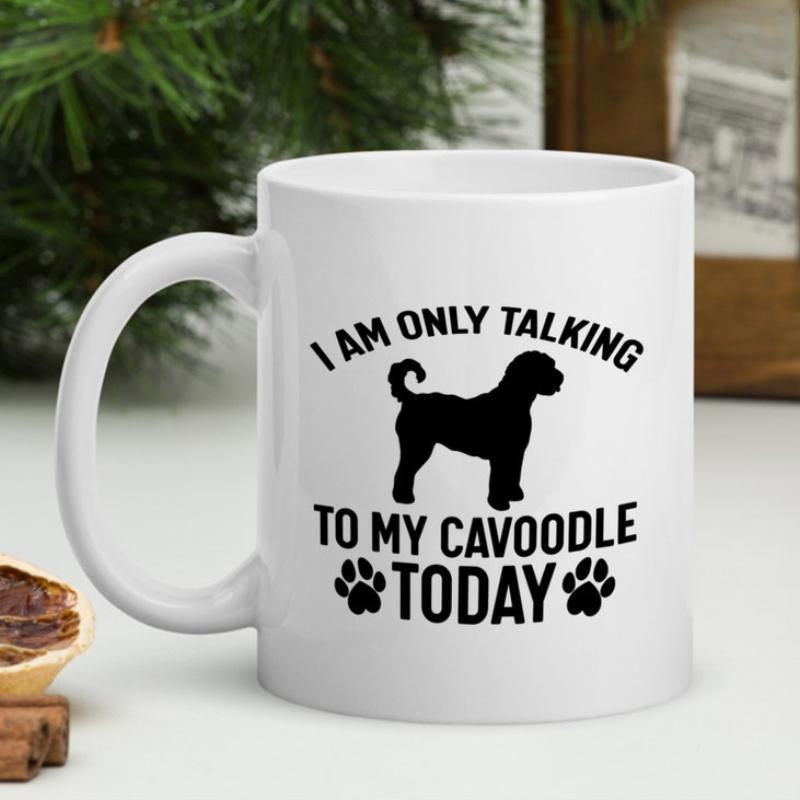 Tailorly White Ceramic 11 oz Mug - I Am Only Talking To My Cavoodle Today Minimalist Black Dog Silhouette With Tiny Cute Paw Prints Cavoodle