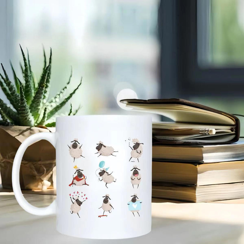 Tailorly White Ceramic 11 oz Mug - Adorable Pink Cartoon Animals Performing Diverse Yoga Exercises And Fun Dance Moves Pig