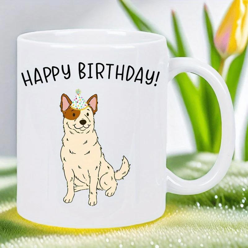 Tailorly White Ceramic 11 oz Mug - Happy Birthday Adorable Cartoon Dog Wearing Festive Party Hat Sitting With Happy Expression Dog