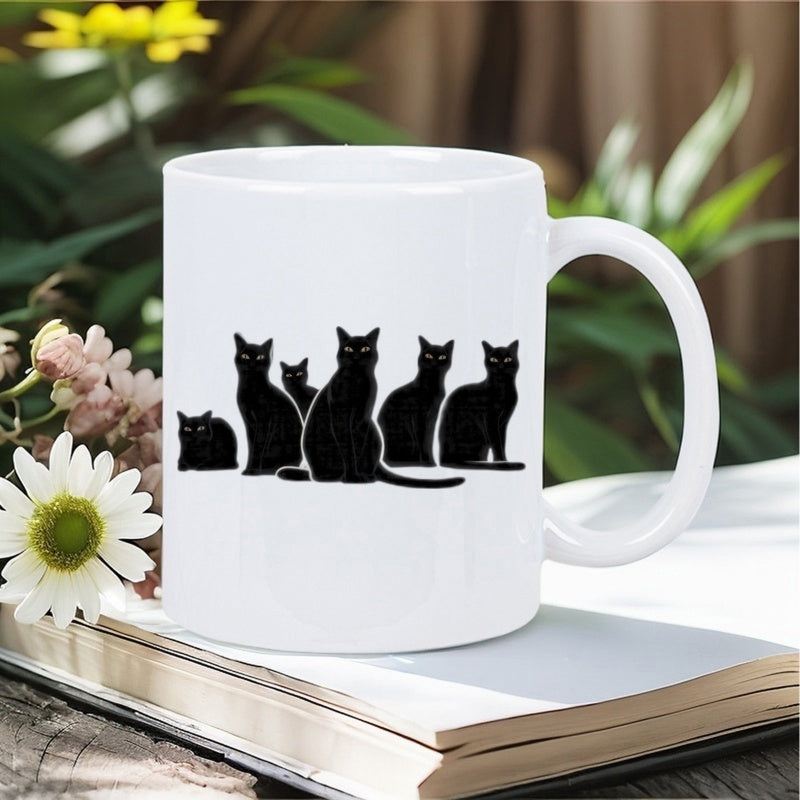Tailorly White Ceramic 11 oz Mug - Group Of Sitting Black Feline Silhouettes With Glowing Eyes Mysterious Cats
