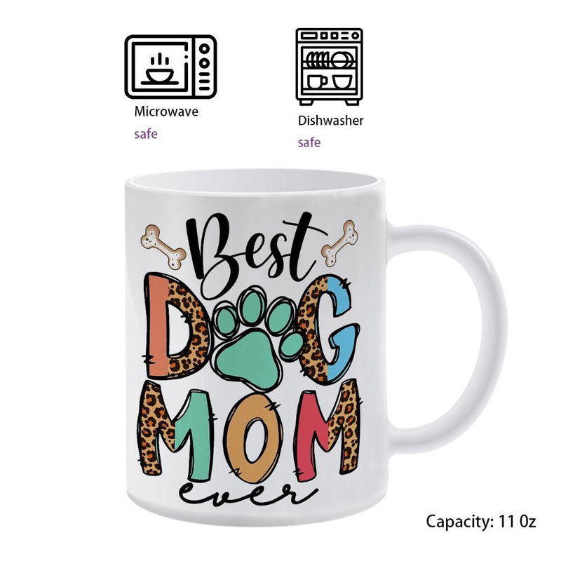 Tailorly White Ceramic 11 oz Mug - Best Dog Mom Ever Stylish Leopard Patterned Letters Featuring A Paw Print And Small Bones Mug