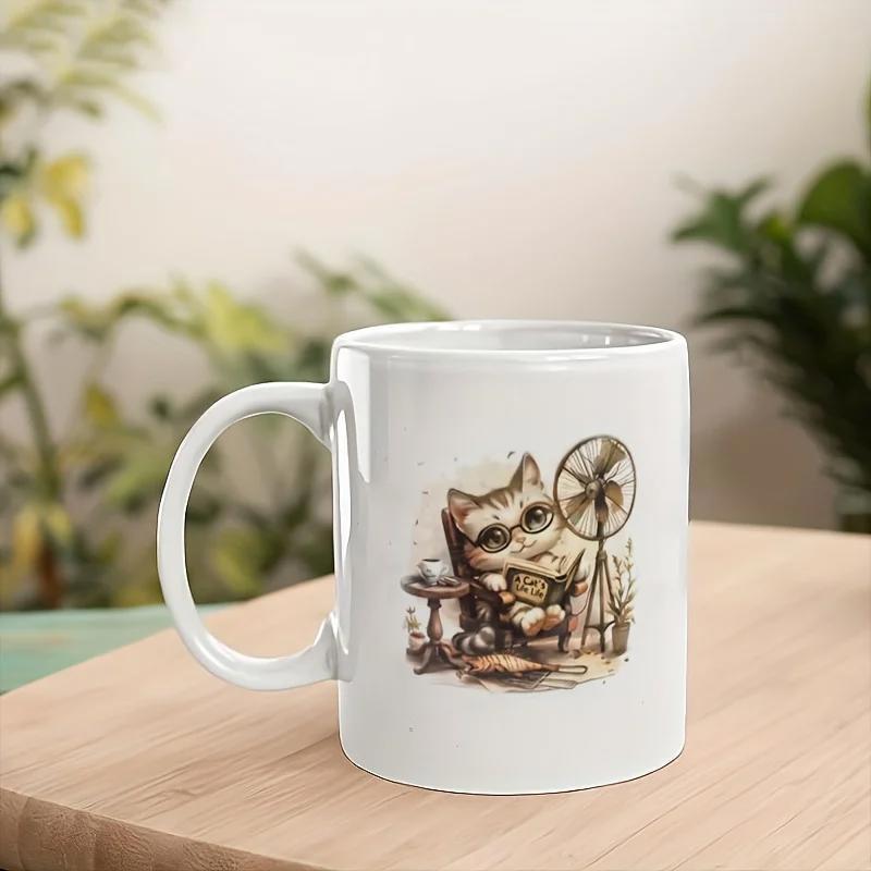 Tailorly White Ceramic 11 oz Mug - Charming Scholarly Feline Wearing Glasses Reading A Book Beside Electric Fan Cat