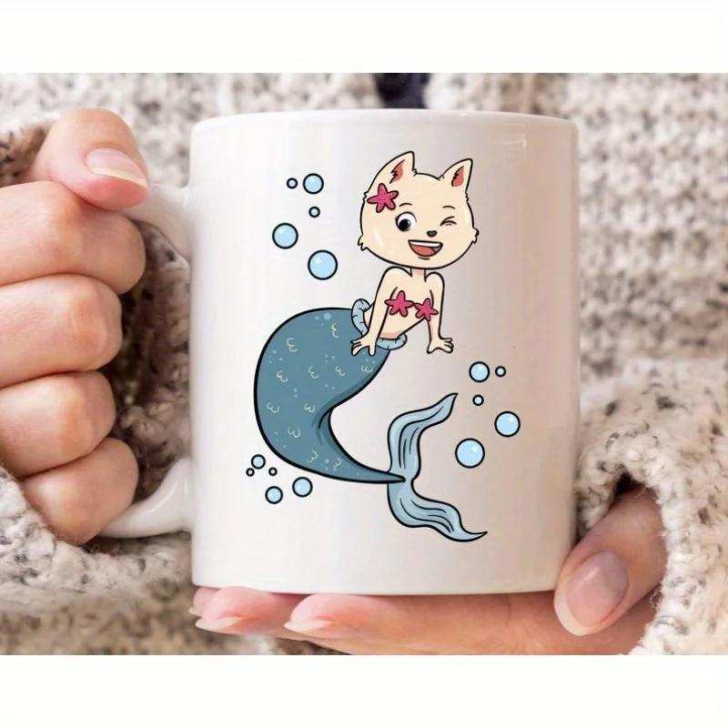 Tailorly White Ceramic 11 oz Mug - Adorable Cartoon Mermaid Cat With Blue Tail And Floating Bubbles Cat