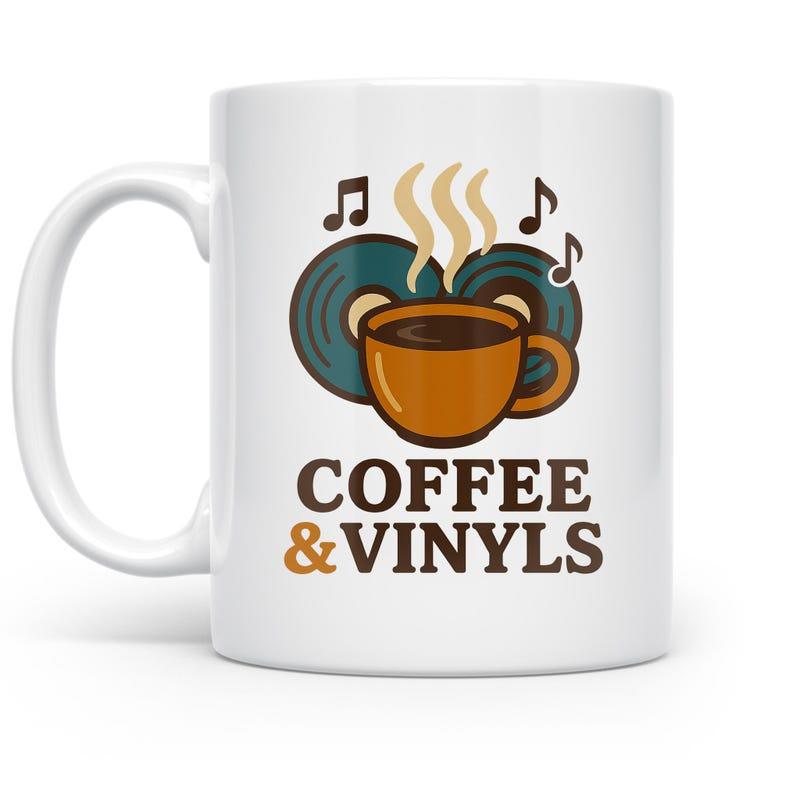 Tailorly White Ceramic 11 oz Mug - Coffee Vinyls Steaming Hot Cup Of Coffee Placed Before Vintage Musical Records Vinyl