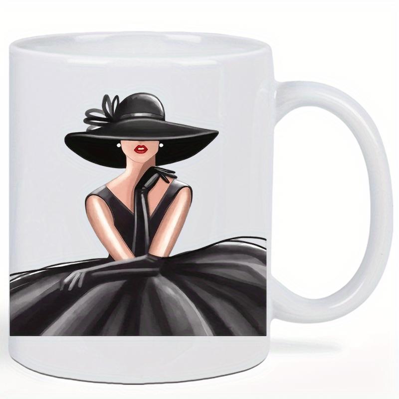 Tailorly White Ceramic 11 oz Mug - Elegant Fashionable Lady Wearing Large Black Hat And Flowing Gown Woman