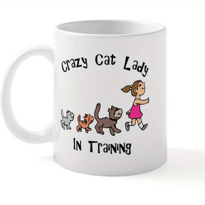 Tailorly White Ceramic 11 oz Mug - Crazy Cat Lady In Training Small Girl Leading Three Cute Kittens In A Playful Walking Row Lady