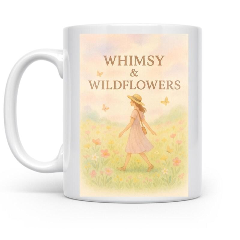 Tailorly White Ceramic 11 oz Mug - Whimsy Wildflowers Serene Young Woman Walking Through A Soft Pastoral Sunlit Meadow Girl