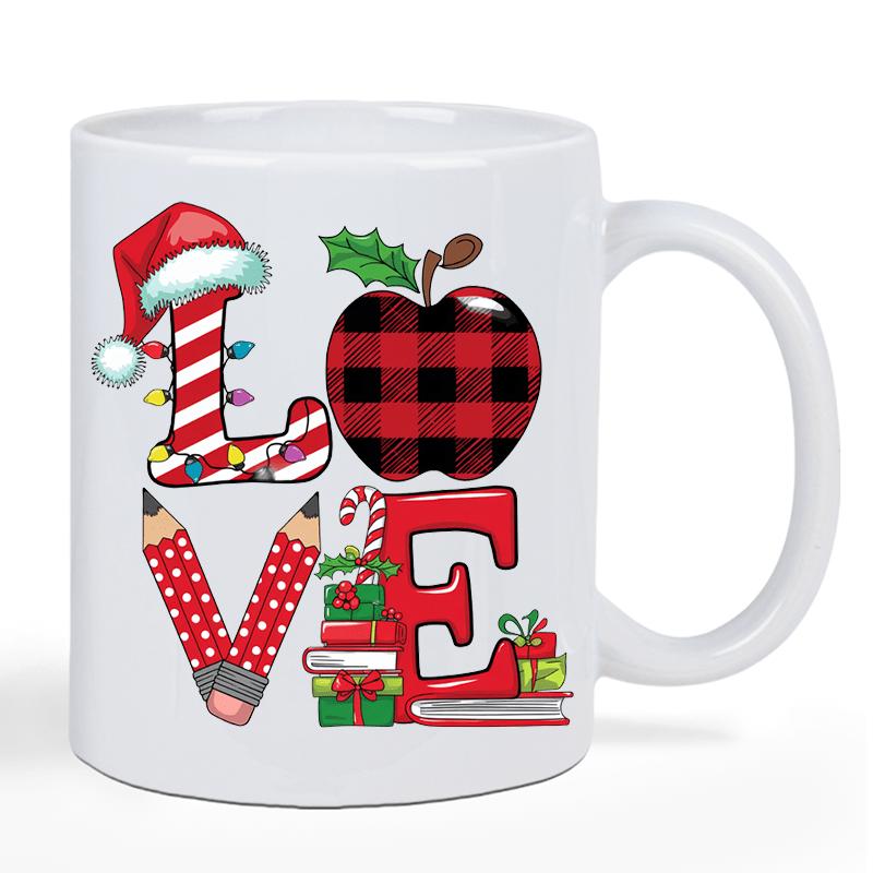 Tailorly White Ceramic 11 oz Mug - Love Festive Christmas Elements With Buffalo Plaid Apple And Pencils Design