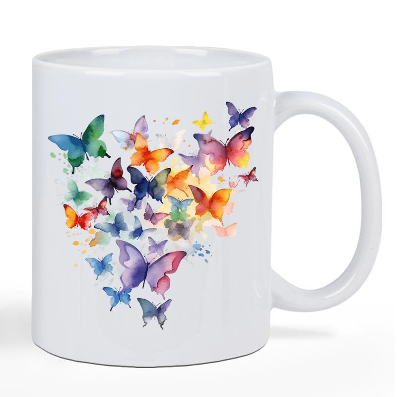 Tailorly White Ceramic 11 oz Mug - Vibrant Watercolor Wings Fluttering In Heart Shaped Elegant Formation Butterfly