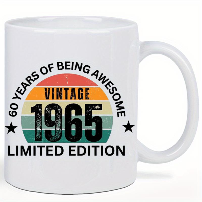 Tailorly White Ceramic 11 oz Mug - 60 Years Of Being Awesome Vintage 1965 Limited Edition Distressed Retro Sun With Colorful Horizontal Stripes And Symmetrical
