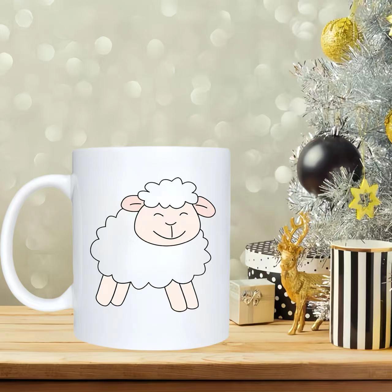 Tailorly White Ceramic 11 oz Mug - Cute Fluffy Cartoon Lamb Standing Gracefully On A Simple Surface Sheep