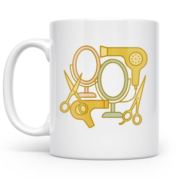 Tailorly White Ceramic 11 oz Mug - Golden Stylized Salon Tools Featuring Mirrors And Hair Dryers With Scissors