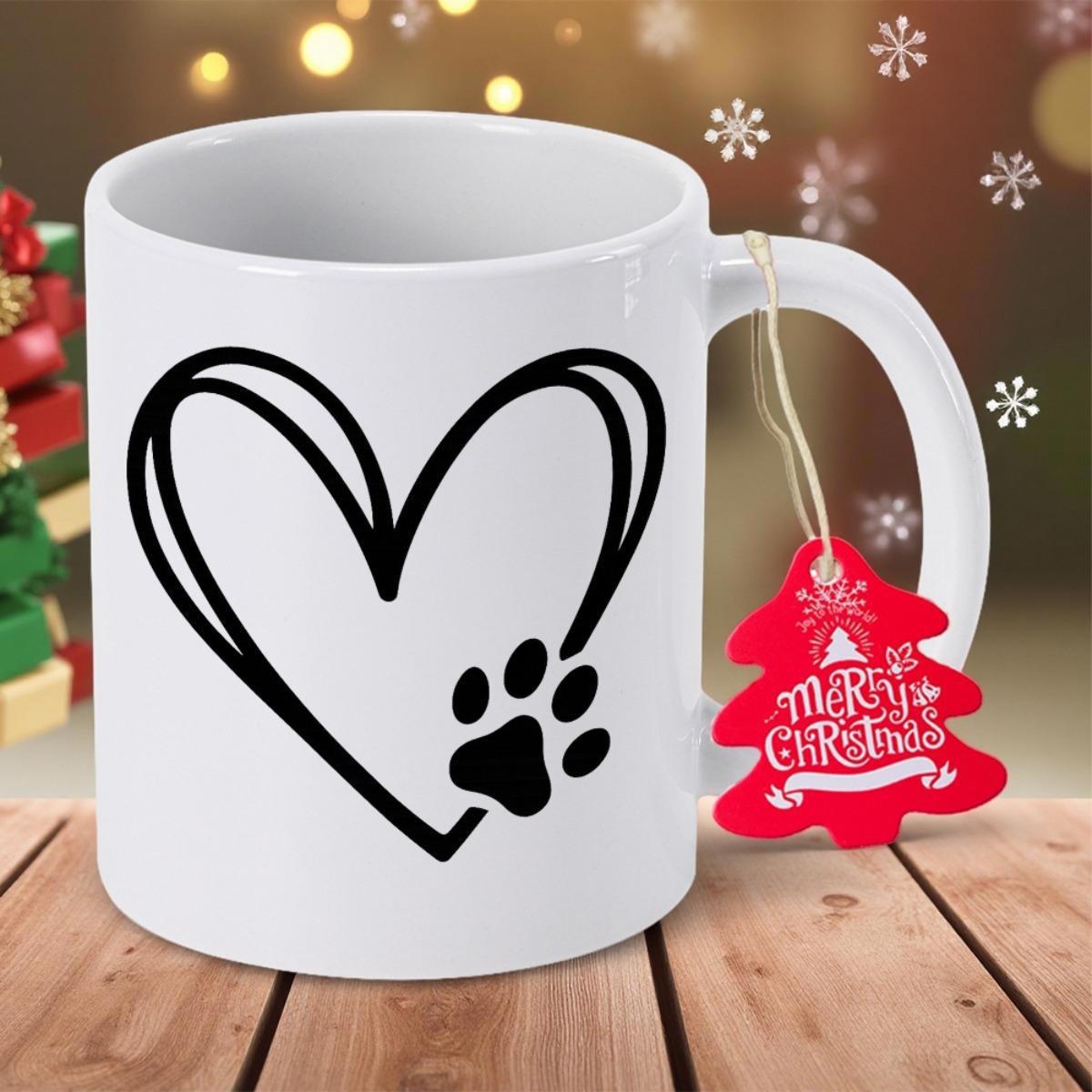 Tailorly White Ceramic 11 oz Mug - Merry Christmas Minimalist Artistic Line Drawing Of A Dog Paw Within A Heart