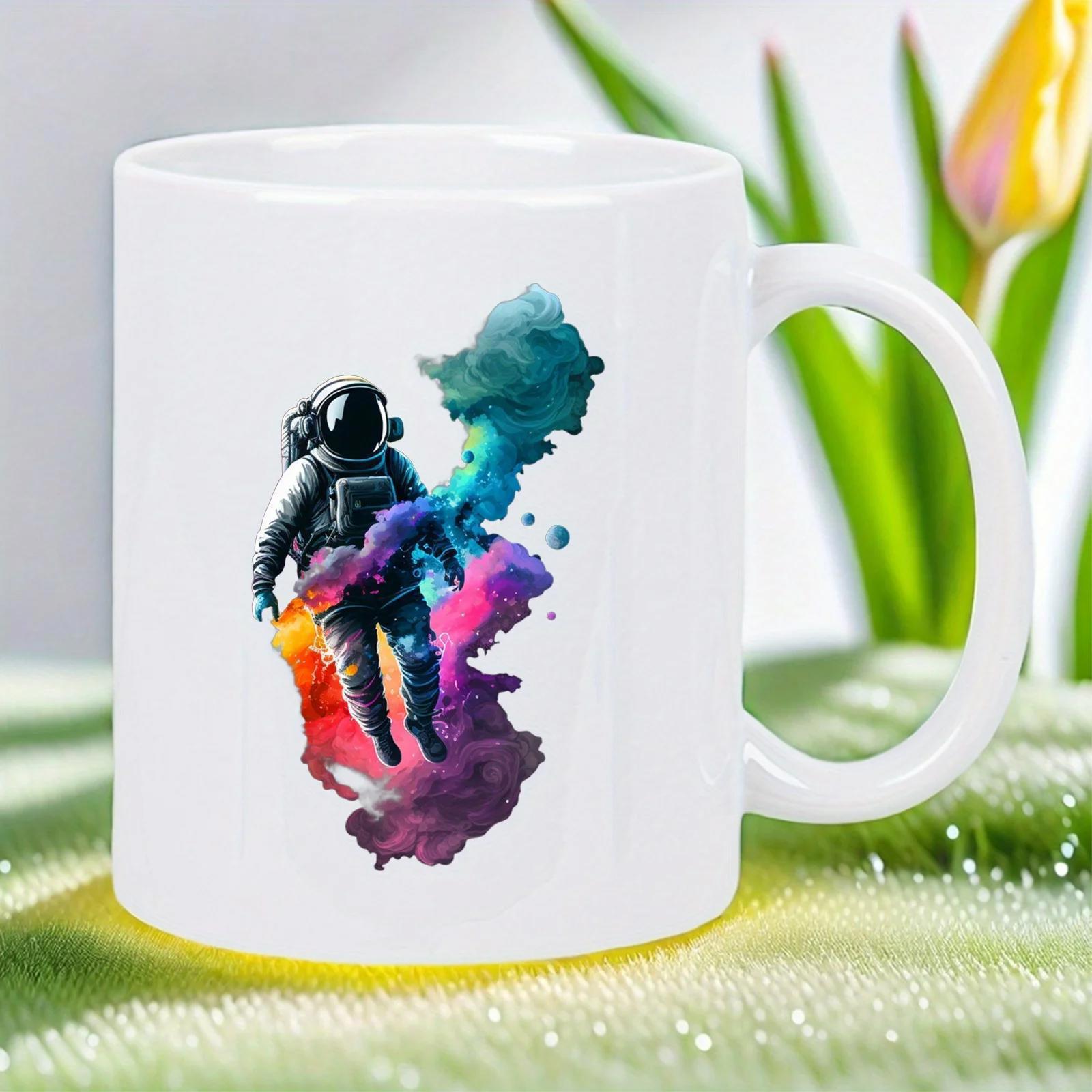 Tailorly White Ceramic 11 oz Mug - Vibrant Colorful Galaxy Clouds Floating In Deep Cosmic Space Astronaut