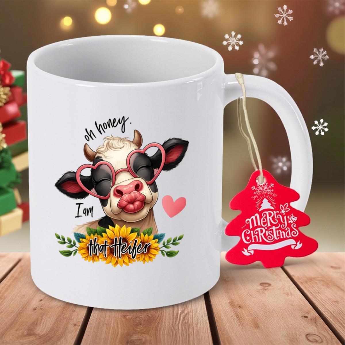 Tailorly White Ceramic 11 oz Mug - Oh Honey I Heart Moo Cute Cow Wearing Heart Sunglasses Surrounded By Yellow Sunflowers Cow