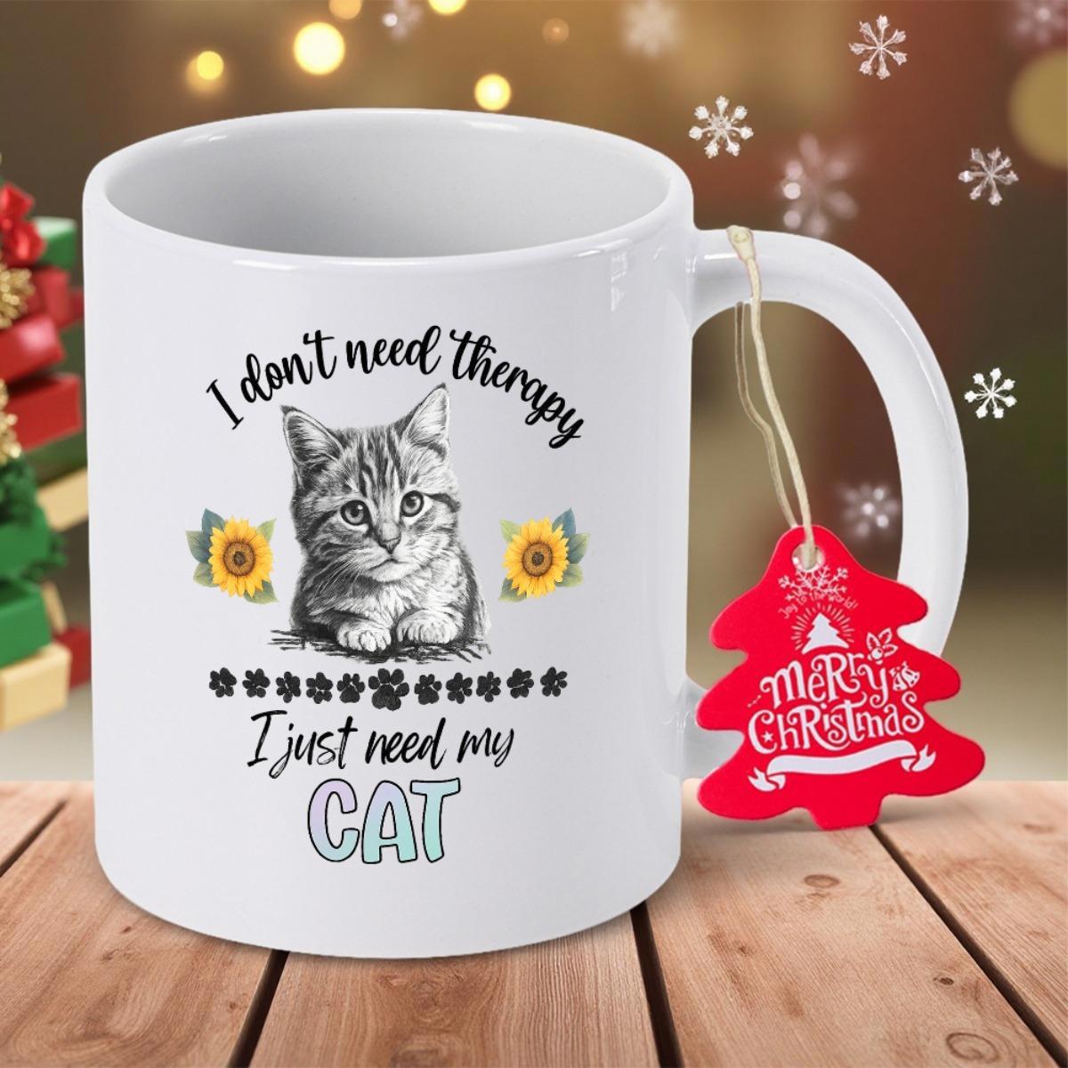 Tailorly White Ceramic 11 oz Mug - I Don't Need Therapy I Just Need My Cat Realistic Sketch Of Tabby Kitten Among Sunflowers And Tiny Paw Prints Cat