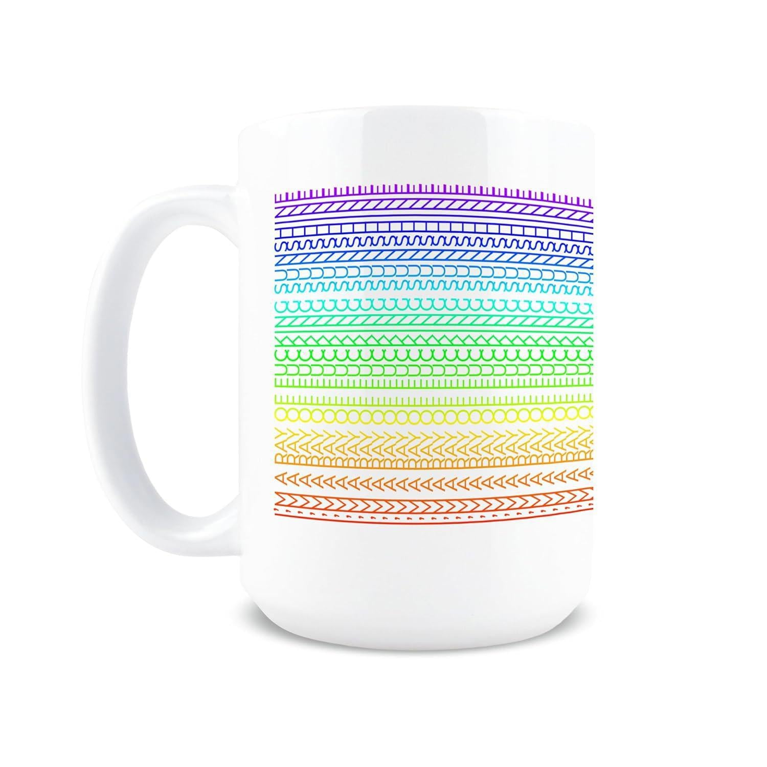 Tailorly White Ceramic 11 oz Mug - Vibrant Horizontal Repeating Geometric Link Lines With Colorful Textured Rainbow Pattern