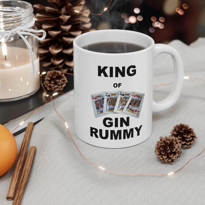 Tailorly White Ceramic 11 oz Mug - King Of Gin Rummy Winning Hand With Five Classic Standard Playing Cards