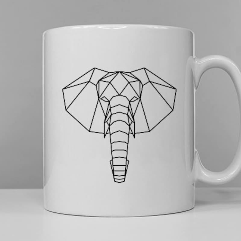 Tailorly White Ceramic 11 oz Mug - Minimalist Modern Geometric Style With Sharp Black Outline Polygon Elephant
