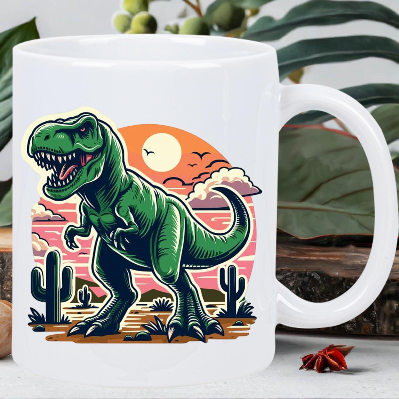 Tailorly White Ceramic 11 oz Mug - Mighty Green Predator Standing In Desert Landscape Under Glowing Sunset Dinosaur
