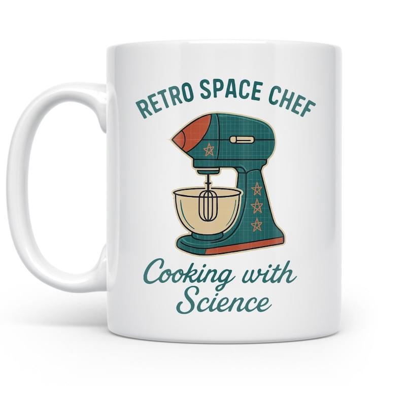 Tailorly White Ceramic 11 oz Mug - Retro Space Chef Cooking With Science Vintage Teal Electric Stand Mixer With Metallic Bowl And Whisk Mixer